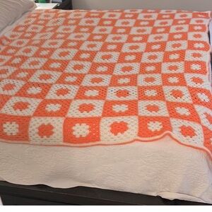 Orange and White Crochet King Blanket 79” X 68”